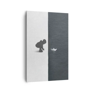 Cuadro sobre lienzo - Impresión de Imagen - Figura de un niño con un barquito de papel sobre un fondo de mitades contrastantes. - 80x120cm - Una gran expedición náutica - Decoración de pared moderna para salón y dormitorio ARTTOR