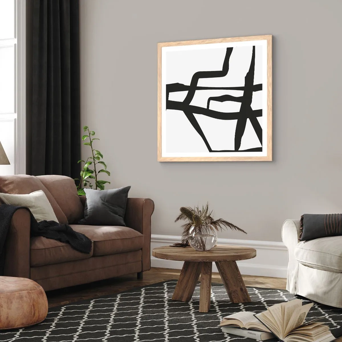 Póster en marco roble claro - Construcción en blanco y negro - 60x60 cm