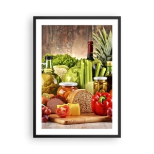 Póster en marco negro - Verduras coloridas y productos alimenticios sobre un fondo de madera - 50x70cm - La mesa está lista - Decoración de pared moderna para salón y dormitorio ARTTOR