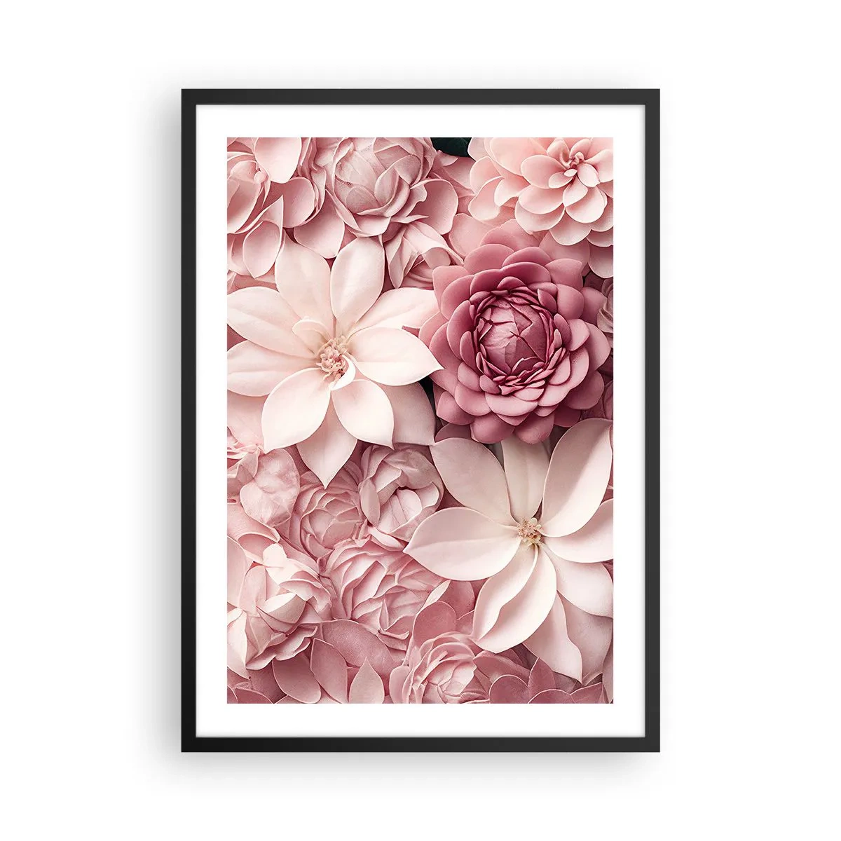 Póster en marco negro - Flores rosas en una elegante composición. - 50x70cm - Entre pétalos rosas - Decoración de pared moderna para salón y dormitorio ARTTOR