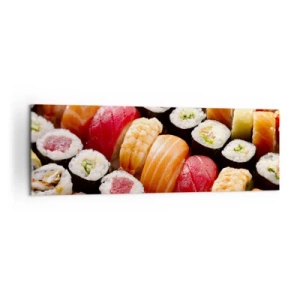 Cuadro sobre lienzo - Impresión de Imagen - Sushi colorido dispuesto en filas con diversos ingredientes. - 160x50cm - Colores y sabores de Asia - Decoración de pared moderna para salón y dormitorio ARTTOR