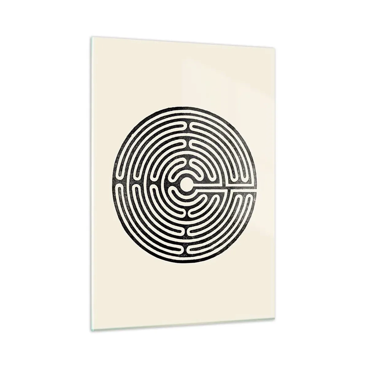 Cuadro sobre vidrio - Impresiones sobre Vidrio - Un laberinto en blanco y negro en forma circular sobre un fondo claro. - 50x70cm - Orden misterioso - Decoración de pared moderna para salón y dormitorio ARTTOR