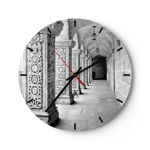 Reloj de pared - Reloj de vidrio - Pasillo arcada en blanco y negro con columnas talladas - 30x30cm - ¿Y adónde nos llevará...? - Decoración de pared moderna para salón, cocina y dormitorio ARTTOR
