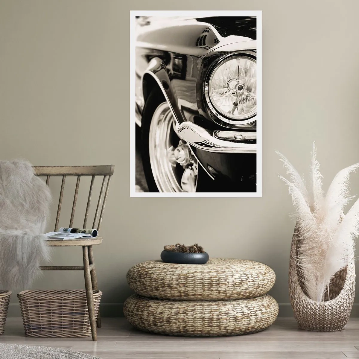 Póster - Un primer plano en blanco y negro del faro de un coche clásico. - 50x70cm - Brillo perdurable - Decoración de pared moderna para salón y dormitorio ARTTOR