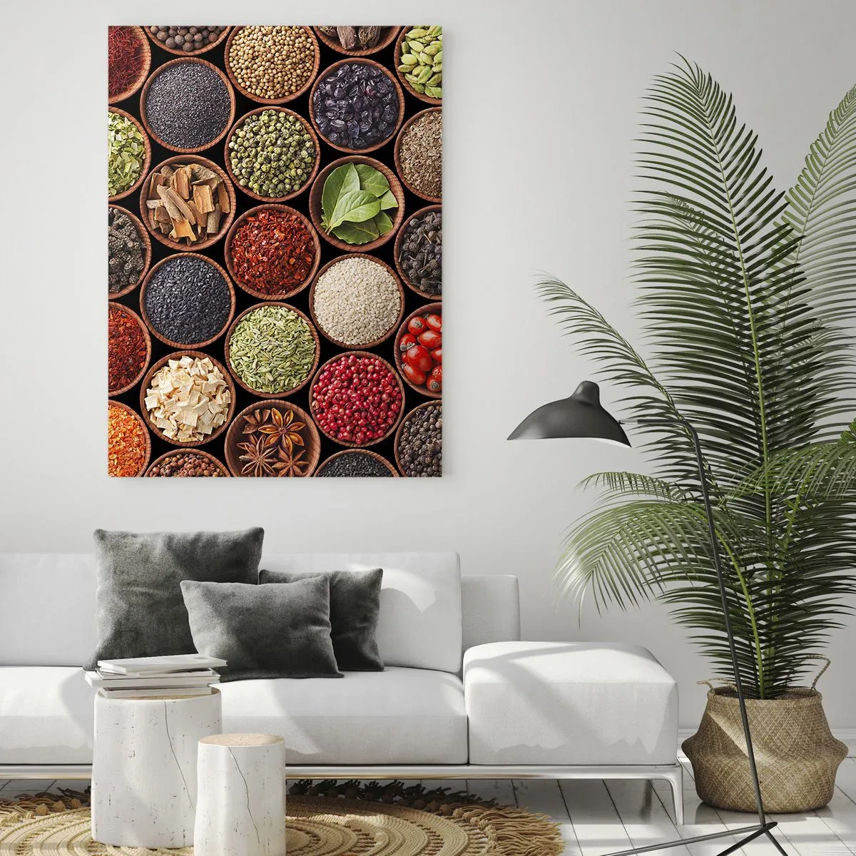 Cuadro sobre vidrio - Impresiones sobre Vidrio - Una composición de varias especias en cuencos de madera. - 50x70cm - Todos los sabores del mundo - Decoración de pared moderna para salón y dormitorio ARTTOR