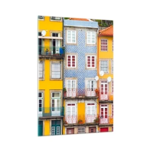 Cuadro sobre vidrio - Impresiones sobre Vidrio - Fachadas coloridas de casas de vecindad con detalles de balcones - 50x70cm - Los colores de la ciudad vieja - Decoración de pared moderna para salón y dormitorio ARTTOR