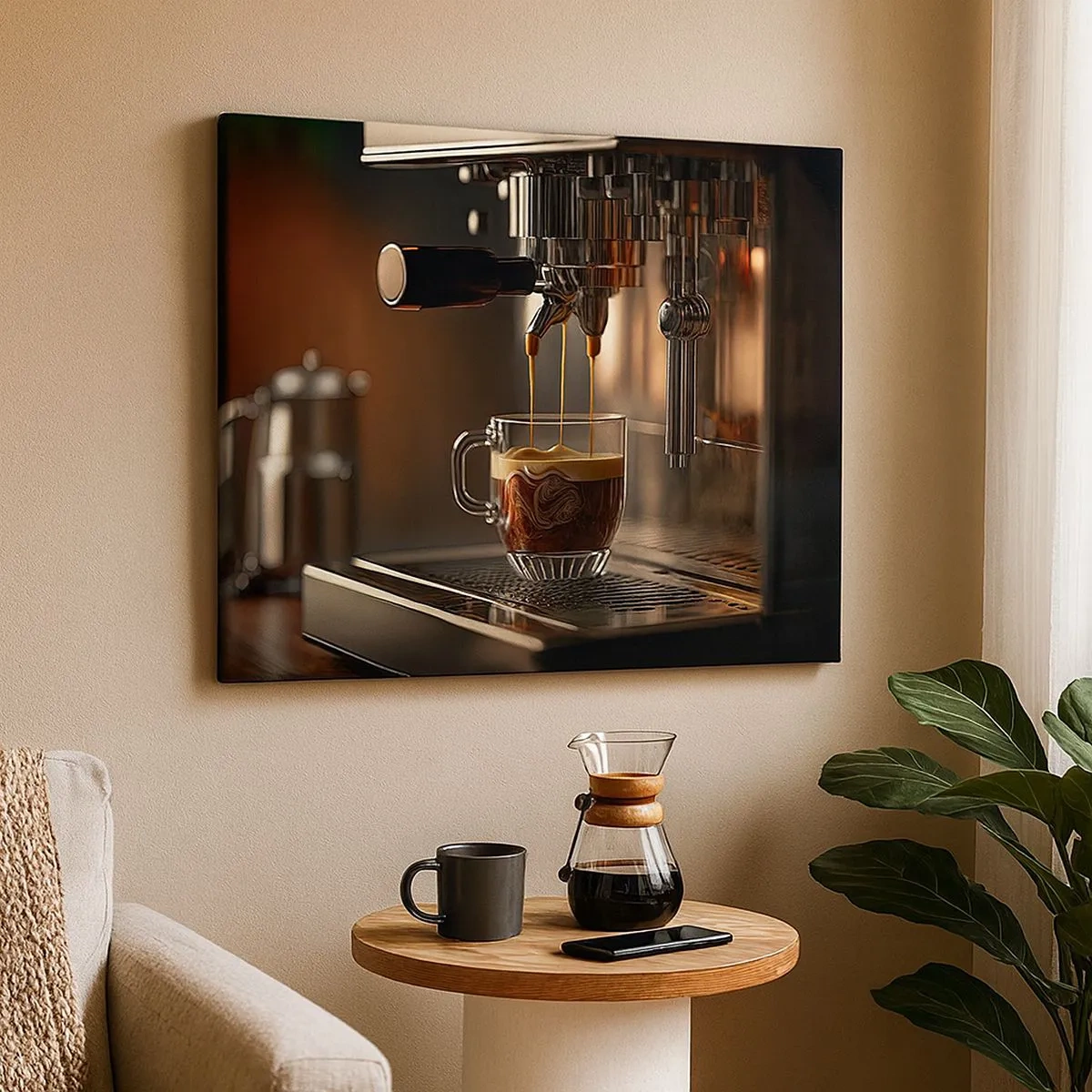 Cuadro sobre lienzo - Impresión de Imagen - Cafetera con una taza de espresso aromático. - 70x50cm - Un brebaje sensual - Decoración de pared moderna para salón y dormitorio ARTTOR