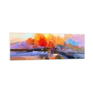 Cuadro sobre vidrio - Impresiones sobre Vidrio - Un paisaje abstracto con intensos colores otoñales. - 160x50cm - Llegó el otoño - Decoración de pared moderna para salón y dormitorio ARTTOR