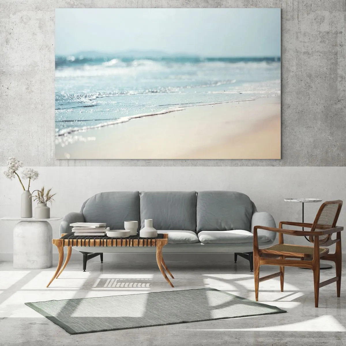 Cuadro sobre vidrio - Impresiones sobre Vidrio - Suaves olas del océano golpeando la playa de arena - 70x50cm - Calor y brisa - Decoración de pared moderna para salón y dormitorio ARTTOR