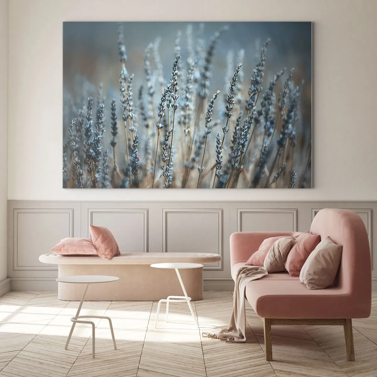 Cuadro sobre vidrio - Impresiones sobre Vidrio - Un campo de lavanda bajo una luz suave y fresca. - 100x70cm - Fragante pasto - Decoración de pared moderna para salón y dormitorio ARTTOR