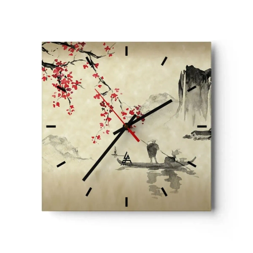 Reloj de pared - Reloj de vidrio - Ilustración oriental con un barco y una rama floreciente. - 30x30cm - En el país de los cerezos en flor - Decoración de pared moderna para salón y dormitorio ARTTOR
