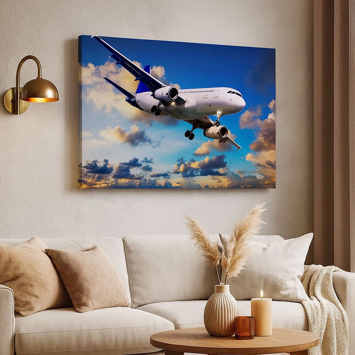 Cuadro sobre lienzo - Impresión de Imagen - Un avión de pasajeros contra las nubes al atardecer. - 70x50cm - Un viaje en blanco y azul - Decoración de pared moderna para salón y dormitorio ARTTOR