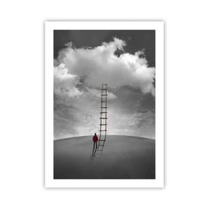 Póster - Un hombre de pie junto a una escalera que conduce a las nubes. - 50x70cm - Todo es posible - Decoración de pared moderna para salón y dormitorio ARTTOR