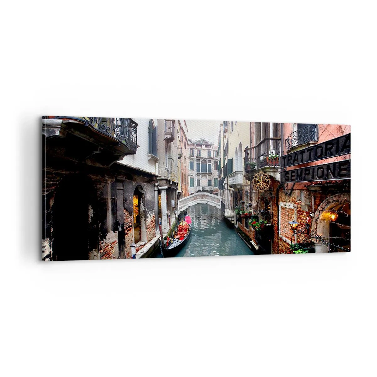 Cuadro sobre lienzo - Impresión de Imagen - Paisaje veneciano con góndola y puente - 100x40 cm