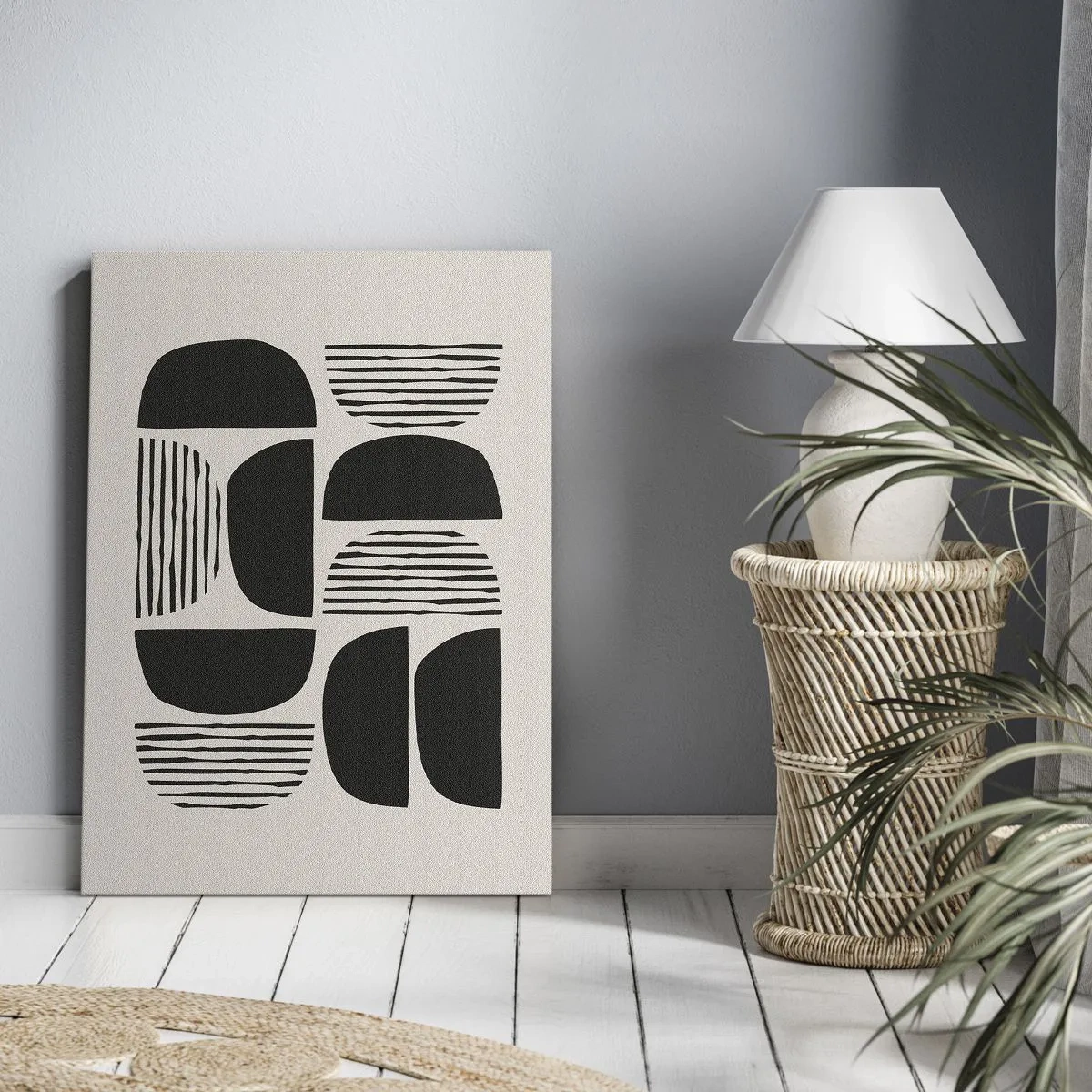 Cuadro sobre lienzo - Impresión de Imagen - Geometría con semicírculos y líneas en negro sobre fondo claro. - 50x70cm - Arreglos a medias - Decoración de pared moderna para salón y dormitorio ARTTOR