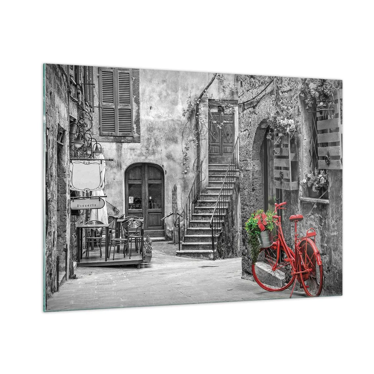 Cuadro sobre vidrio - Impresiones sobre Vidrio - Calle en blanco y negro con una bicicleta roja. - 100x70cm - Callejón de la Toscana - Decoración de pared moderna para salón y dormitorio ARTTOR