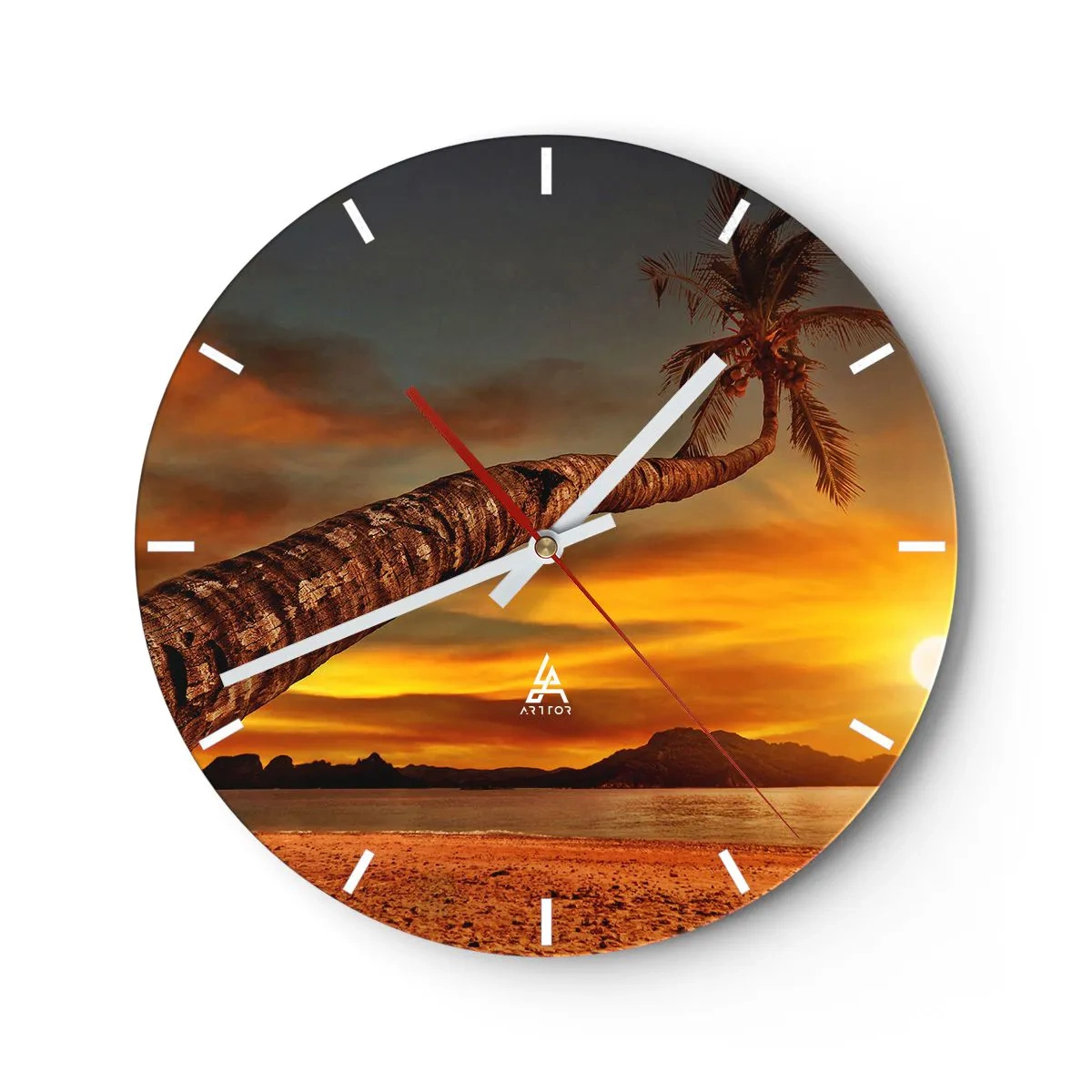 Reloj de pared - Reloj de vidrio - Palmera en la playa al atardecer - 30x30cm - Vacaciones exóticas, aventura en el Caribe - Decoración de pared moderna para salón, cocina y dormitorio ARTTOR