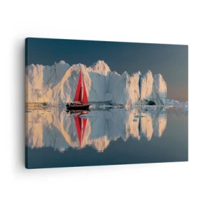 Cuadro sobre lienzo - Impresión de Imagen - Un velero con una vela roja con el fondo de un glaciar. - 70x50cm - En el límite del mundo - Decoración de pared moderna para salón y dormitorio ARTTOR