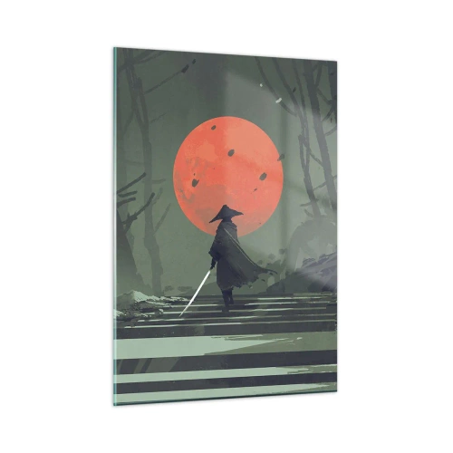 Cuadro sobre vidrio - Impresiones sobre Vidrio - Un guerrero solitario con una espada en el bosque con una luna roja como telón de fondo. - 50x70cm - Guerrero de la luna roja - Decoración de pared moderna para salón y dormitorio ARTTOR