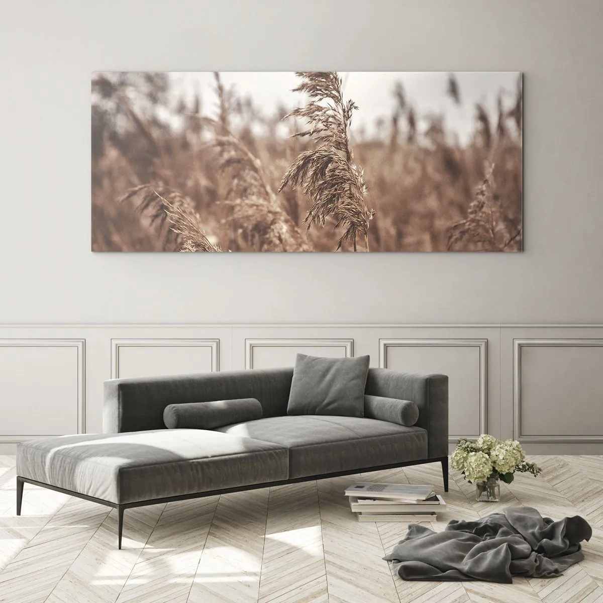 Cuadro sobre vidrio - Impresiones sobre Vidrio - Hierbas doradas con el paisaje otoñal como telón de fondo - 160x50cm - El otoño ya está en los campos - Decoración de pared moderna para salón y dormitorio ARTTOR