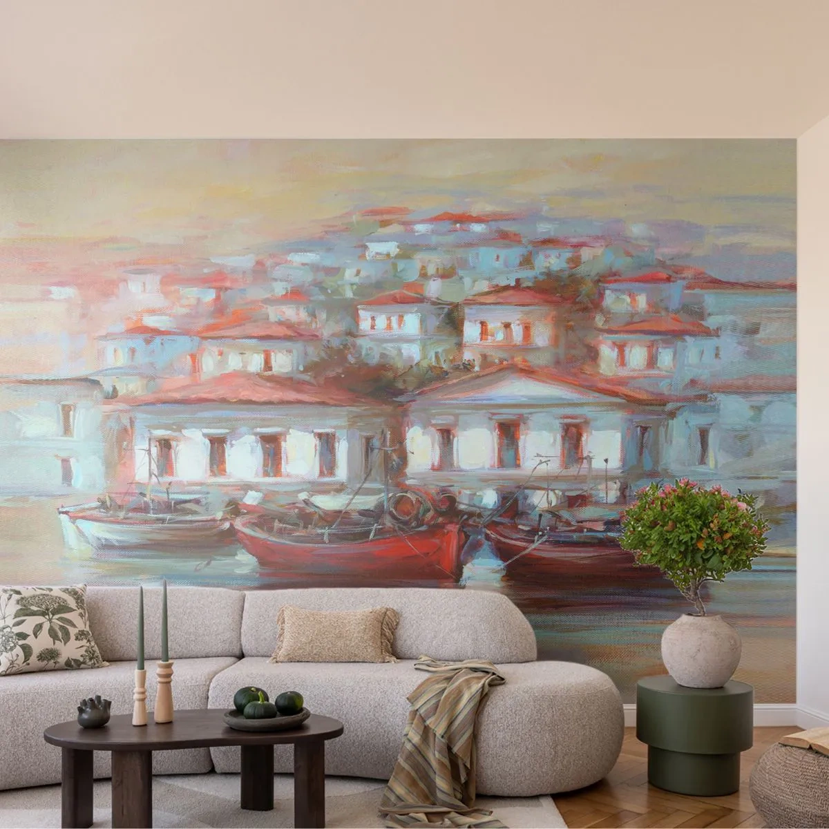 Fotomural Premium Canvas - Ciudad feliz - Arquitectura, Velero, Puerto - 250x175 cm