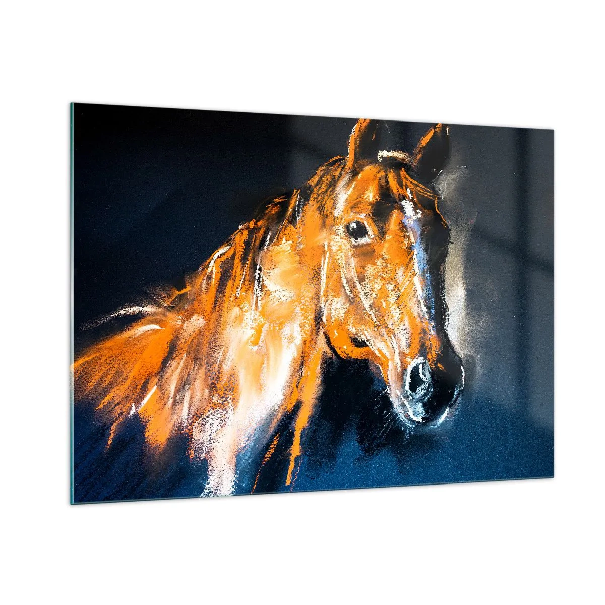Cuadro sobre vidrio - Impresiones sobre Vidrio - Retrato de un caballo en intensos tonos marrones sobre un fondo oscuro. - 100x70cm - Entonces, ¿vienes? - Decoración de pared moderna para salón y dormitorio ARTTOR