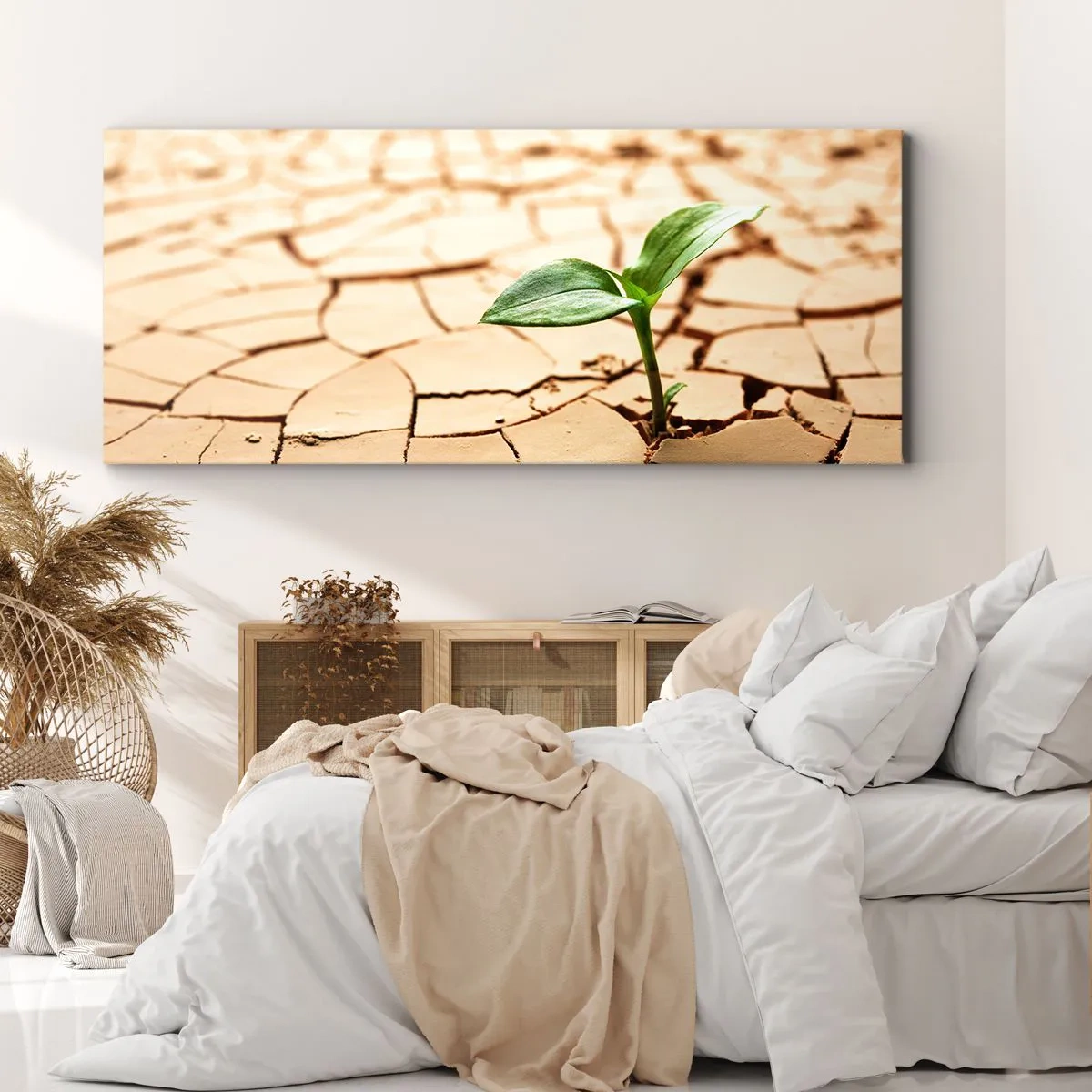 Cuadro sobre lienzo - Impresión de Imagen - Una planta verde que crece en tierra seca y agrietada. - 160x50cm - El poder indomable de la vida - Decoración de pared moderna para salón y dormitorio ARTTOR