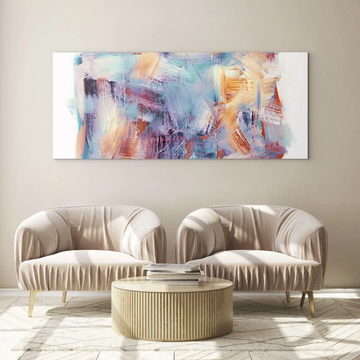 Cuadro sobre vidrio - Impresiones sobre Vidrio - Pinceladas coloridas en una composición abstracta - 140x50cm - Colorido desorden - Decoración de pared moderna para salón y dormitorio ARTTOR