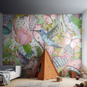 Fotomural Premium Sand - Enredado en las vides - flores, Pájaro, Mariposa - 350x256 cm