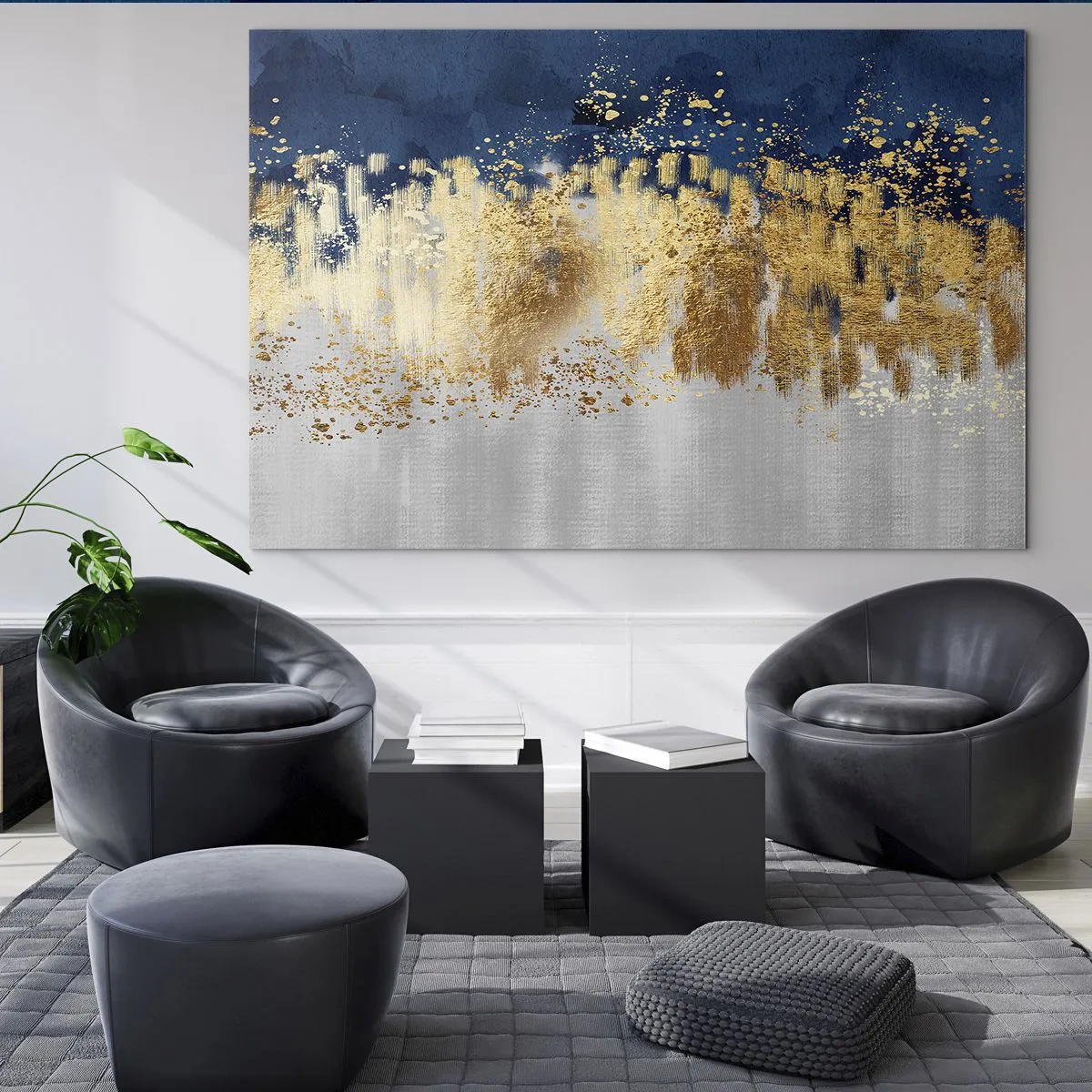 Cuadro sobre vidrio - Impresiones sobre Vidrio - Acentos dorados sobre un fondo azul marino y plateado. - 100x70cm - Composición moderna con chispas - Decoración de pared moderna para salón y dormitorio ARTTOR