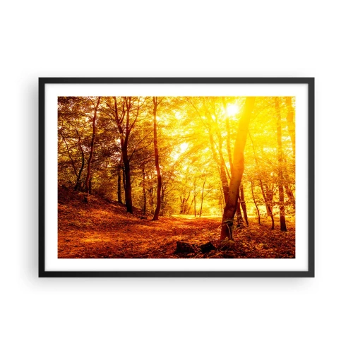 Póster en marco negro - Claro de otoño bajo la luz dorada del sol con un sendero forestal - 70x50cm - Hacia un claro de oro - Decoración de pared moderna para salón y dormitorio ARTTOR