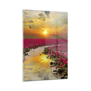 Cuadro sobre vidrio - Impresiones sobre Vidrio - Nenúfares rosados en un lago al atardecer - 50x70cm - La vida secreta del lago - Decoración de pared moderna para salón y dormitorio ARTTOR