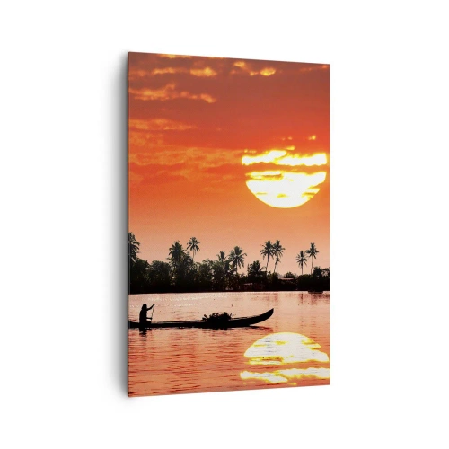 Cuadro sobre lienzo - Impresión de Imagen - Atardecer tropical con un barco y palmeras al fondo - 80x120cm - La paz de los trópicos al atardecer - Decoración de pared moderna para salón y dormitorio ARTTOR