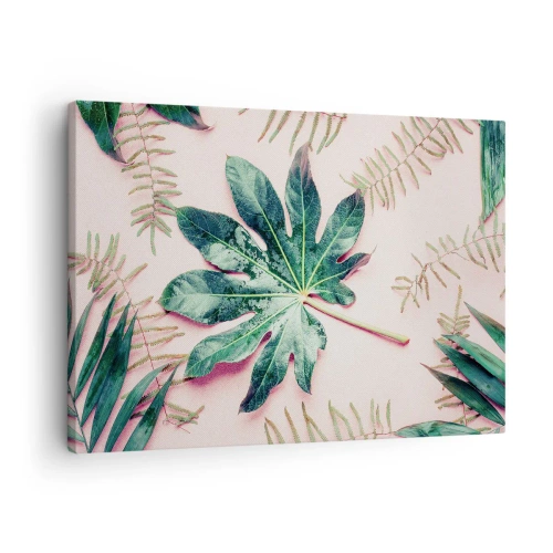 Cuadro sobre lienzo - Impresión de Imagen - Hojas tropicales sobre un fondo pastel claro. - 70x50cm - Estudio de vegetación sobre fondo rosa - Decoración de pared moderna para salón y dormitorio ARTTOR
