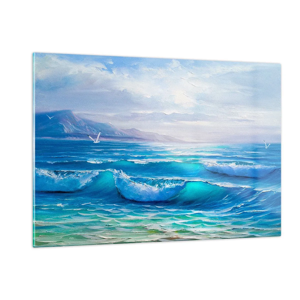 Cuadro sobre vidrio - Impresiones sobre Vidrio - Olas azules del mar golpeando la orilla en un día soleado - 120x80cm - Trae consuelo - Decoración de pared moderna para salón y dormitorio ARTTOR
