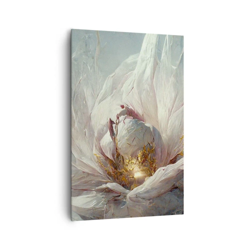 Cuadro sobre lienzo - Impresión de Imagen - Una delicada flor blanca con sutiles acentos dorados. - 80x120cm - Florece una vez cada cien años - Decoración de pared moderna para salón y dormitorio ARTTOR