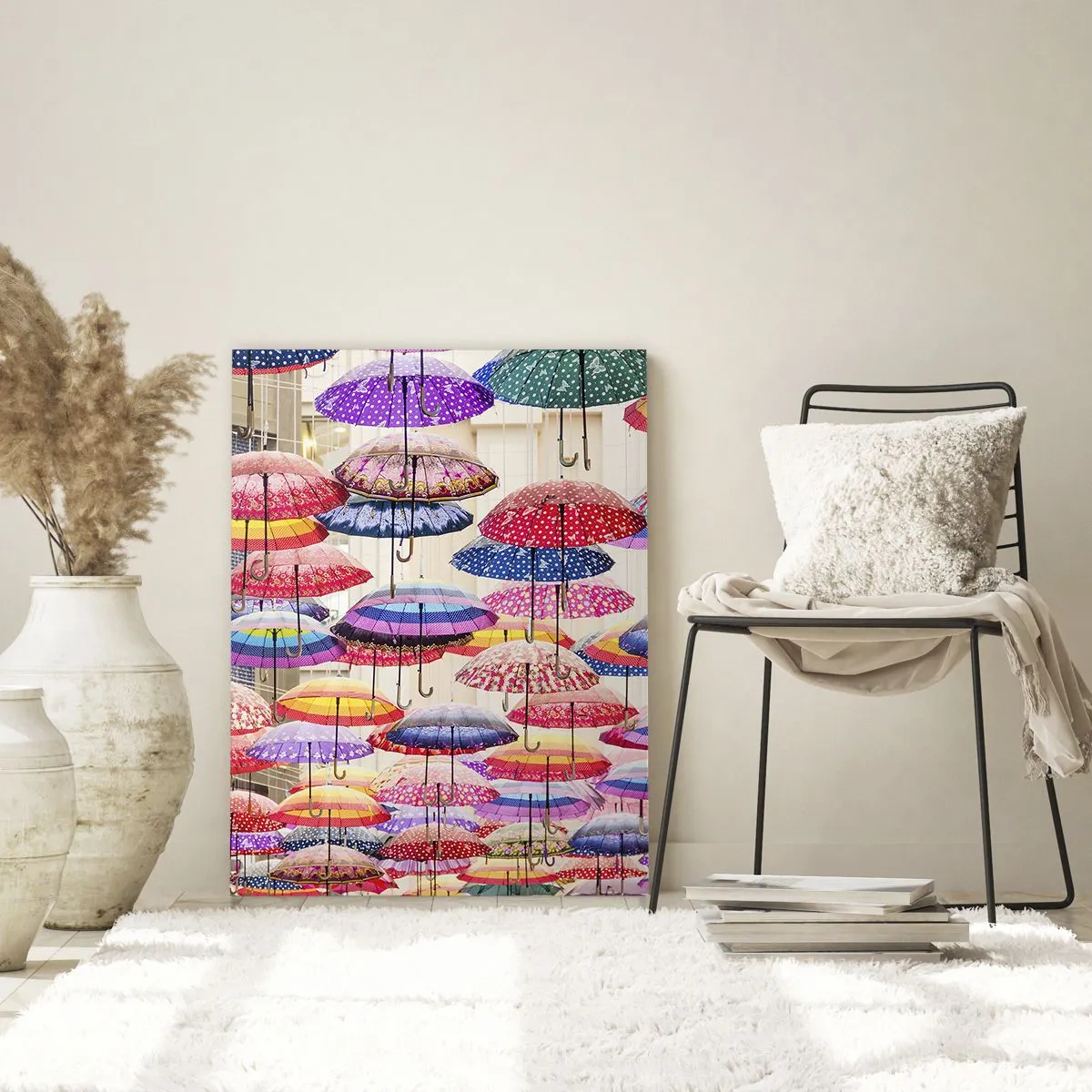 Cuadro sobre vidrio - Impresiones sobre Vidrio - Paraguas de colores suspendidos en el aire - 80x120cm - Pradera urbana - Decoración de pared moderna para salón y dormitorio ARTTOR