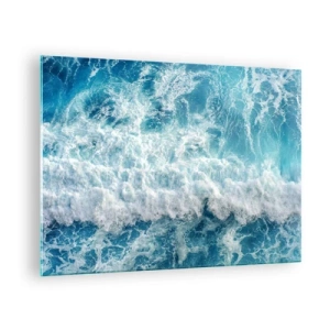 Cuadro sobre vidrio - Impresiones sobre Vidrio - Olas azules rompiendo en la orilla - 70x50cm - Alegre y con mucho brío - Decoración de pared moderna para salón y dormitorio ARTTOR