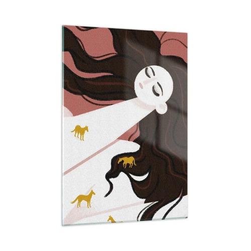 Cuadro sobre vidrio - Impresiones sobre Vidrio - Una mujer con cabello largo y caballos dorados sobre un fondo rosa. - 50x70cm - Sueño de caballos dorados - Decoración de pared moderna para salón y dormitorio ARTTOR
