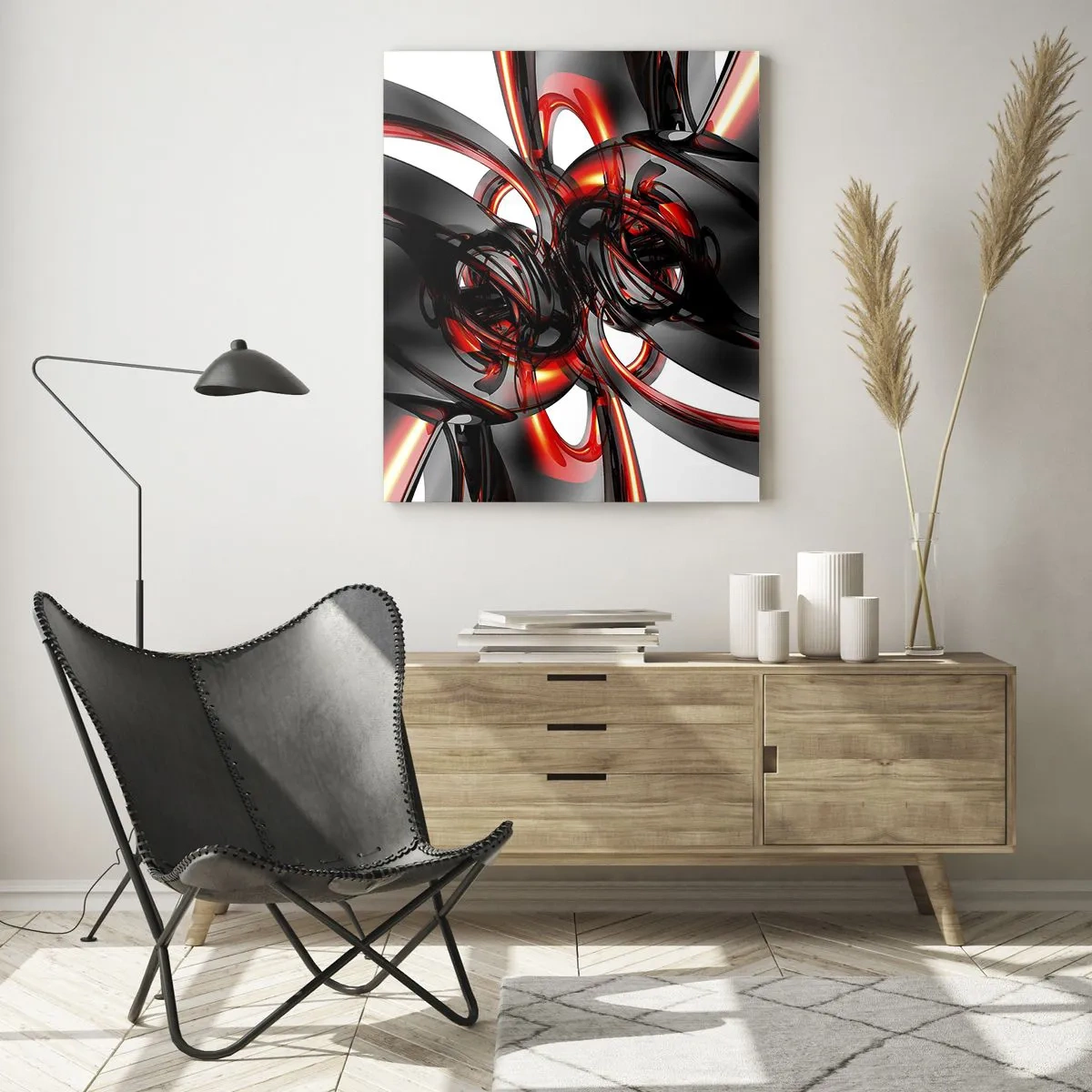 Cuadro sobre vidrio - Impresiones sobre Vidrio - Abstracción moderna en negro y rojo. - 50x70cm - Movimiento en grafito y rojo - Decoración de pared moderna para salón y dormitorio ARTTOR