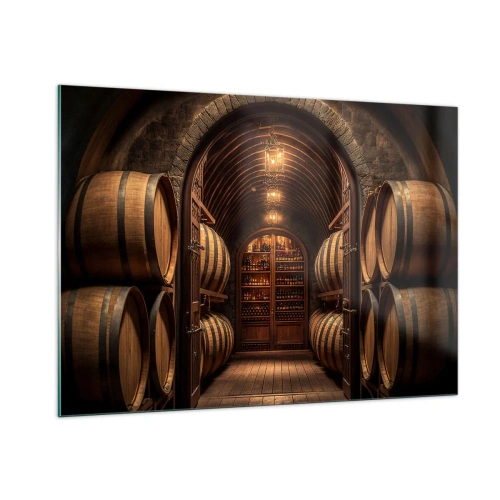 Cuadro sobre vidrio - Impresiones sobre Vidrio - Un viñedo con barricas y una bodega iluminada llena de botellas. - 100x70cm - Sótano atmosférico - Decoración de pared moderna para salón y dormitorio ARTTOR