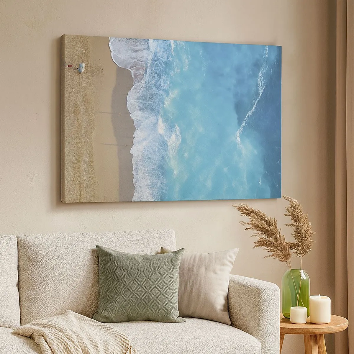 Cuadro sobre lienzo - Impresión de Imagen - Una vista de pájaro de la playa y las olas del mar. - 70x50cm - El poder del azul - Decoración de pared moderna para salón y dormitorio ARTTOR