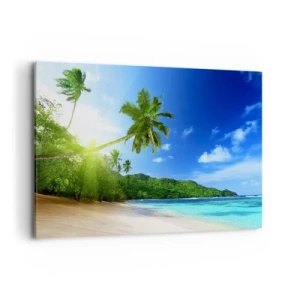 Cuadro sobre lienzo - Impresión de Imagen - Playa tropical con palmeras y mar turquesa. - 120x80cm - Un suave toque tropical - Decoración de pared moderna para salón y dormitorio ARTTOR