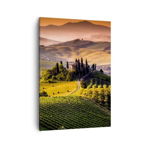Cuadro sobre lienzo - Impresión de Imagen - Paisaje toscano con viñedos y una casa en una colina. - 50x70cm - Paisaje toscano - Decoración de pared moderna para salón y dormitorio ARTTOR