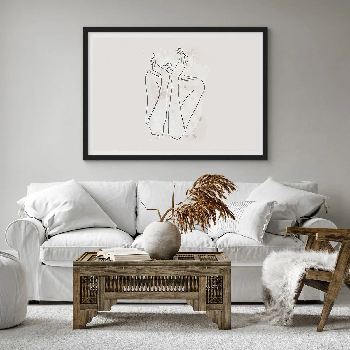 Póster en marco negro - Línea de contorno que muestra las manos de una mujer sobre un fondo claro - 70x50cm - Un momento de ensueño - Decoración de pared moderna para salón y dormitorio ARTTOR