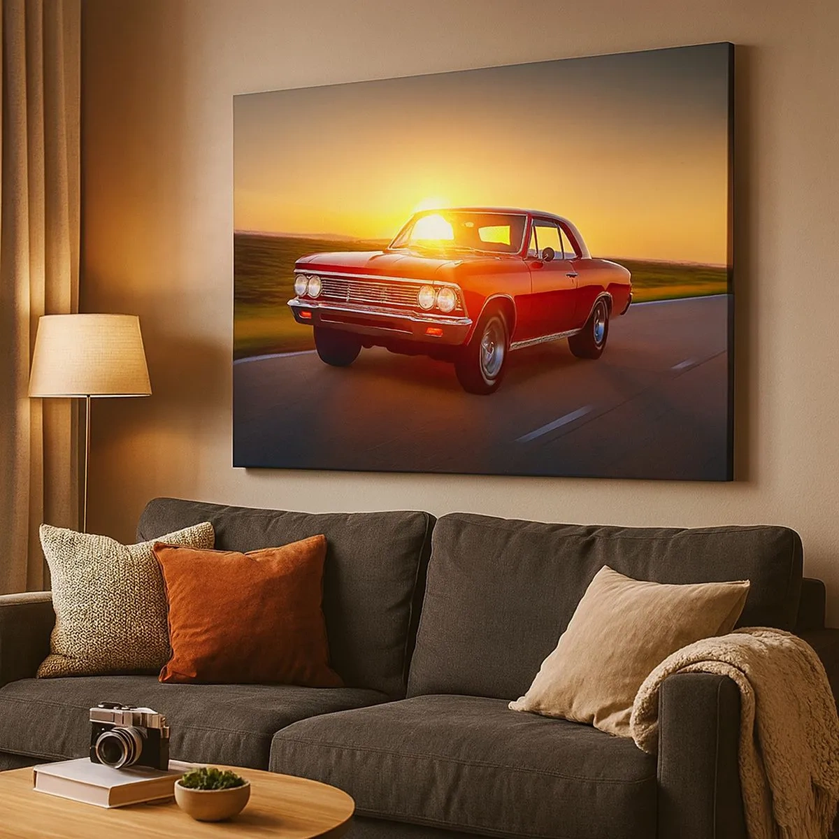 Cuadro sobre lienzo - Impresión de Imagen - Un coche rojo al atardecer en una carretera abierta. - 70x50cm - El deseo es rojo - Decoración de pared moderna para salón y dormitorio ARTTOR