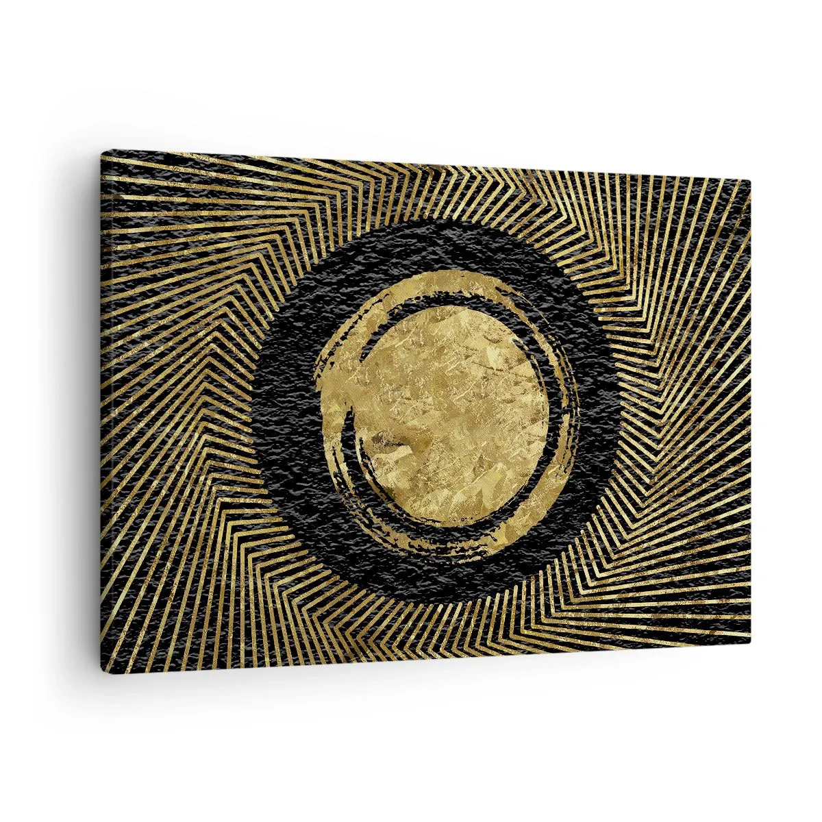 Cuadro sobre lienzo - Impresión de Imagen - Composición geométrica en negro y dorado con rayos. - 70x50cm - Composición glamour - Decoración de pared moderna para salón y dormitorio ARTTOR