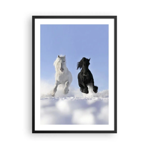 Póster en marco negro - Un caballo blanco y negro galopando en la nieve. - 50x70cm - Galope blanco y negro - Decoración de pared moderna para salón y dormitorio ARTTOR