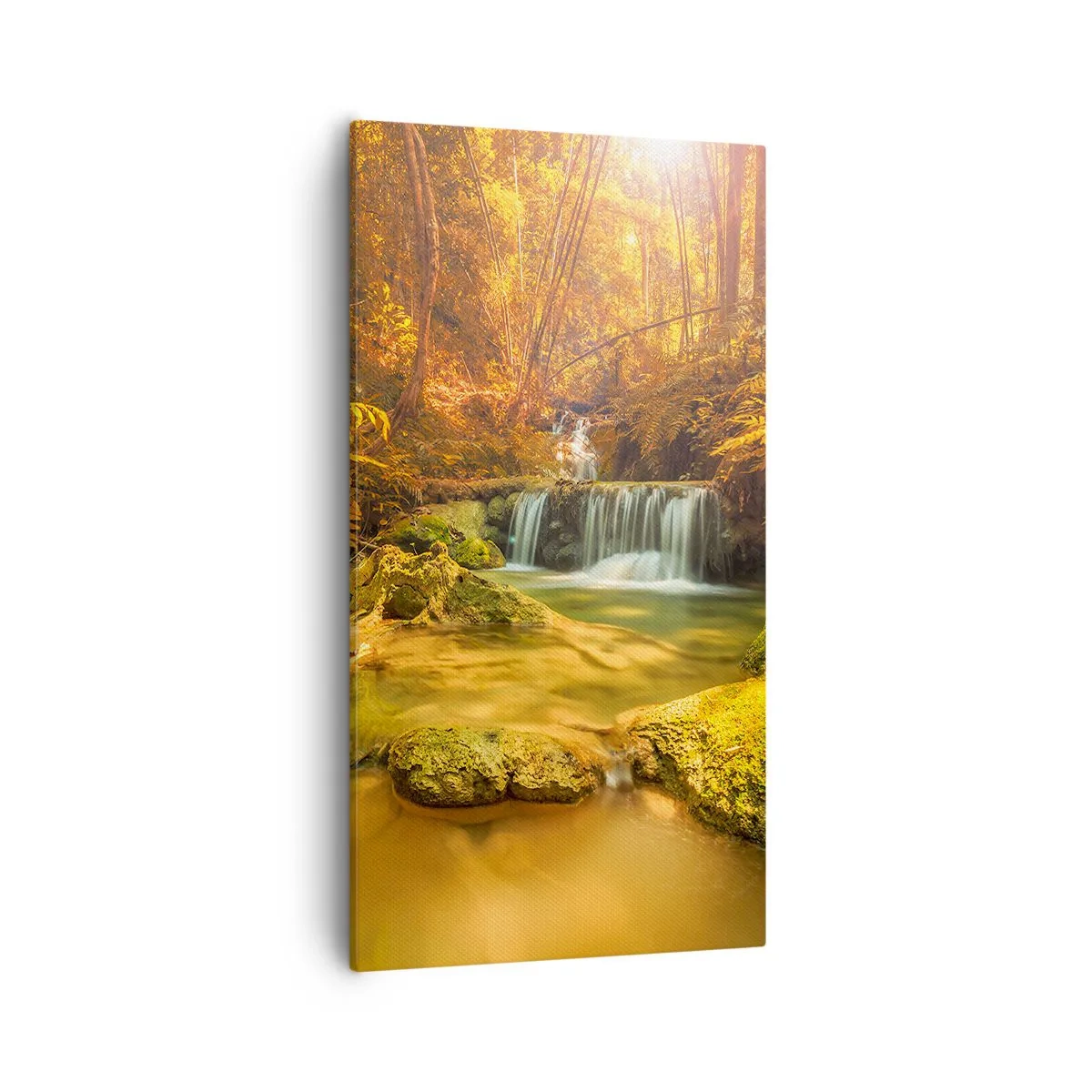 Cuadro sobre lienzo - Impresión de Imagen - Cascada forestal en oro - 55x100 cm