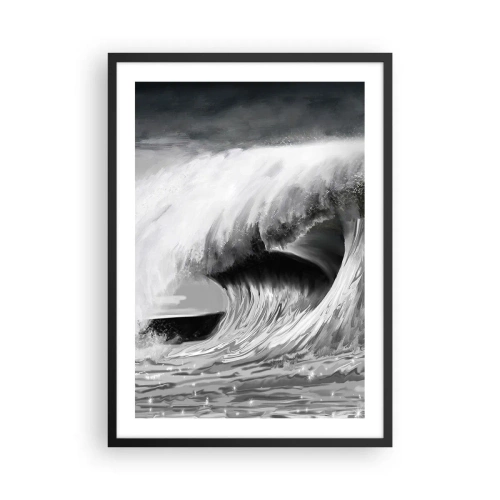 Póster en marco negro - Una poderosa ola en tonos grises - 50x70cm - La ira del océano - Decoración de pared moderna para salón y dormitorio ARTTOR